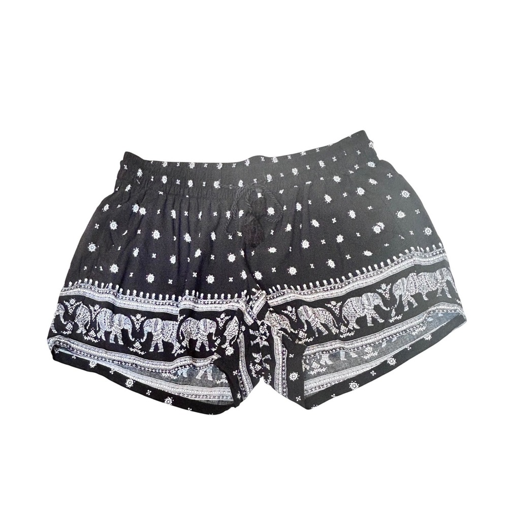 Old Navy Womens Black White Elephant Print Boho Shorts Tassel Size M